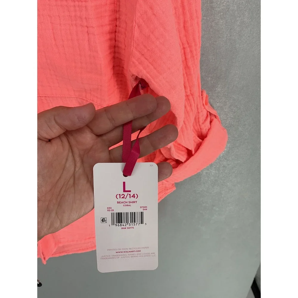 Justice Girls Beach Shirt Coral Cotton Gauze Roll Tab Button Up Size L 12/14
